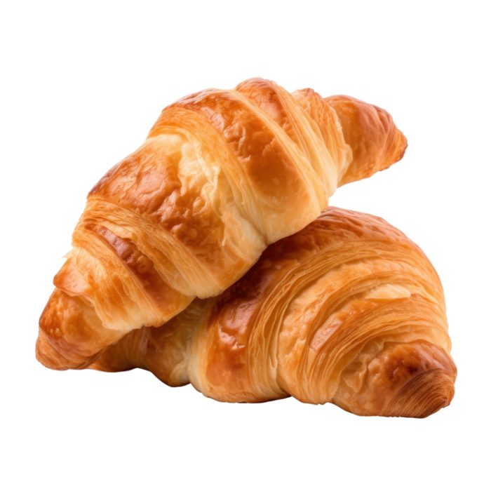 To gylne, smøraktige franske croissanter på hvit bakgrunn, perfekt for en deilig frokost.