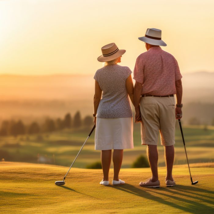 Eldre par ser på solnedgangen mens de nyter en runde golf.